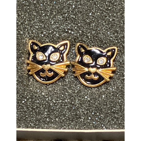 Avon Halloween Black Cat Enamel  Rhinestone Stud Earrings - Picture 12 of 12